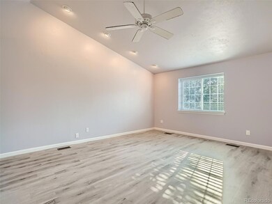 Overhead lighting and ceiling fan in living room.
