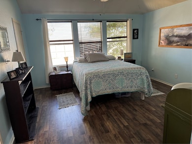 Primary bedroom viewed from the doorway, featuring abundant natural light and a ceiling fan.