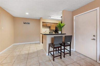 Kitchen with backsplash, a peninsula, dark counter