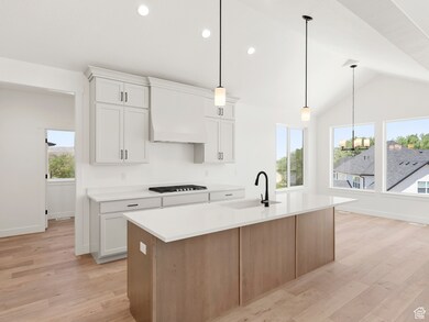 Kitchen with custom exhaust hood, light wood finished floors, light countertops, lofted ceiling, and a center island with sink