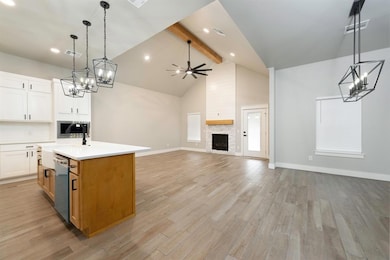 Kitchen with white cabinetry, decorative light fix