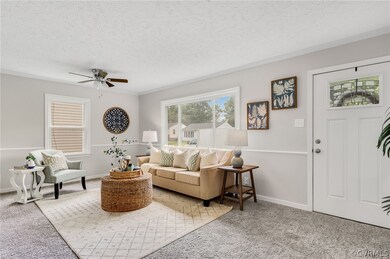 Carpeted living room featuring ceiling fan, a textured ceiling, and crown molding