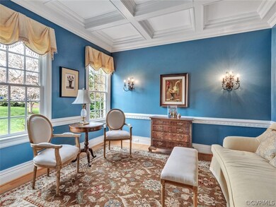 Living Room with Coffered Ceiling overlooking the