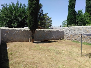 View of backyard from covered patio.