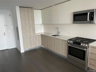 Kitchen featuring modern cabinets, stainless steel appliances, dark wood finished floors, and light stone countertops