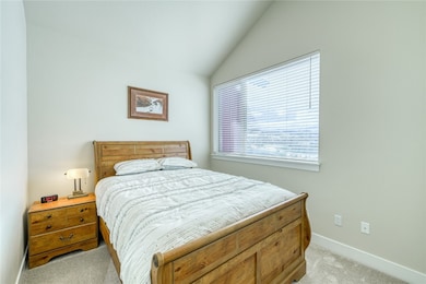 Bedroom with baseboards, vaulted ceiling, and ligh