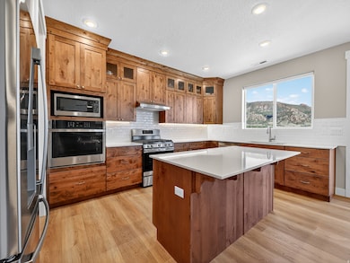 Kitchen with custom cabinets, appliances with stainless steel finishes, a kitchen island, double oven, and large pantry