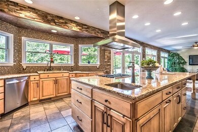 The California stacked stone accent along the back