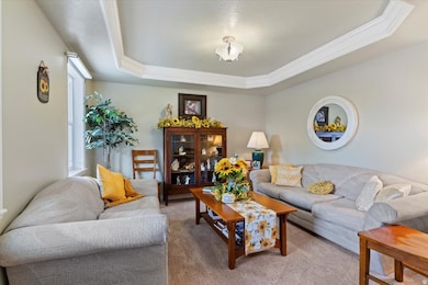 Living area featuring a tray ceiling, wood finished floors, and crown molding
