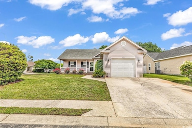 Ranch-style house with a porch, a front yard, cent