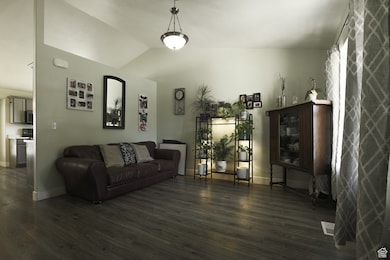 Living room with dark wood-type flooring and lofted ceiling