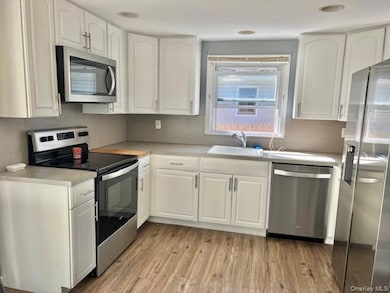Kitchen featuring appliances with stainless steel finishes, light wood-type flooring, white cabinets, and light countertops