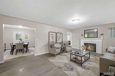 Living room featuring plenty of natural light, a glass covered fireplace, and wood finished floors
