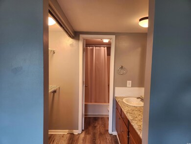 Full bathroom with vanity, hardwood / wood-style f
