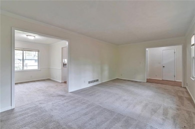 Carpeted spare room with baseboards, visible vents, and ornamental molding