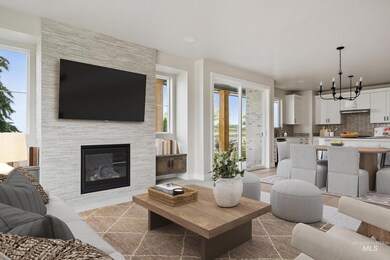 Living area with a fireplace, light wood-type flooring, and a chandelier