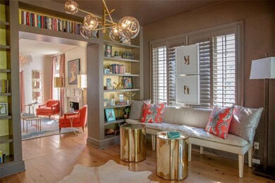 Library, plantation shutters, pine floors