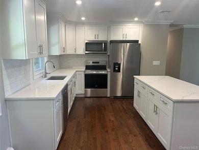 Kitchen featuring white cabinets, stainless steel appliances, light stone counters, dark wood-type flooring, and a center island