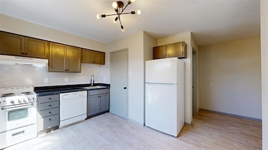 Kitchen featuring dark countertops, backsplash, a sink, white appliances, and under cabinet range hood