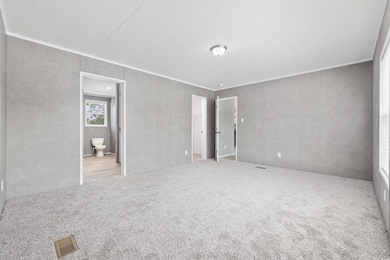 Unfurnished bedroom featuring carpet flooring, crown molding, and connected bathroom