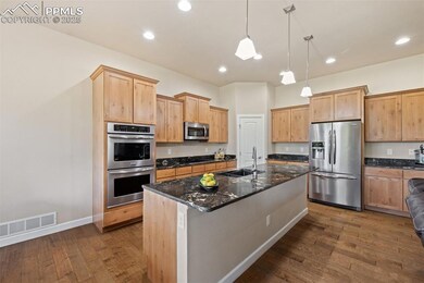 Kitchen featuring stainless steel appliances, dark wood-type flooring, a kitchen island with sink, dark stone counters, and decorative light fixtures