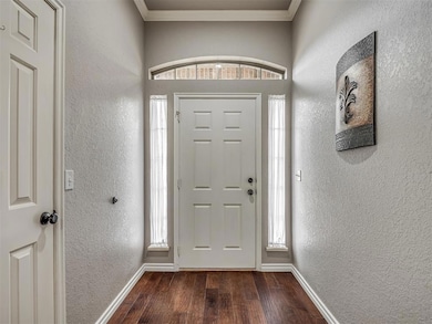 Foyer entrance with dark wood-style floors, plenty of natural light, baseboards, a textured wall, and crown molding