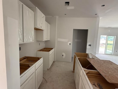 Kitchen with concrete floors and white cabinetry