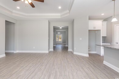 Unfurnished living room featuring ceiling fan, light hardwood / wood-style floors, a raised ceiling, and ornamental molding