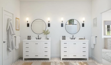 Primary bath with freestanding vanities