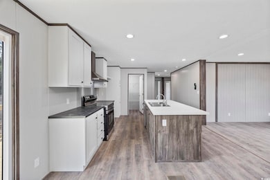 Kitchen with electric stove, a sink, wood finished floors, white cabinetry, and a center island with sink