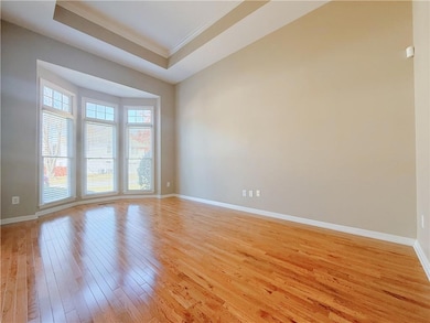 Spare room with a raised ceiling, light wood-type flooring, and crown molding