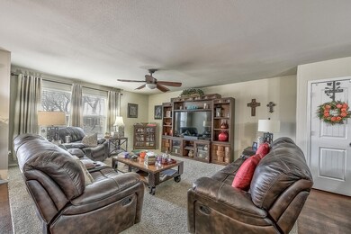 Living room featuring ceiling fan and a textured c