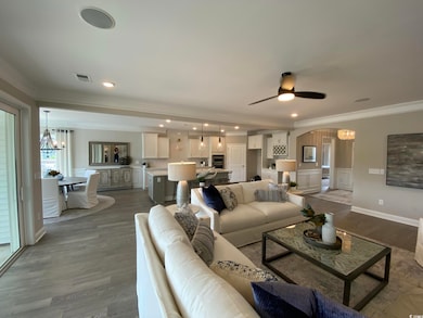Living area with crown molding, a chandelier, a ceiling fan, dark wood-style floors, and arched walkways