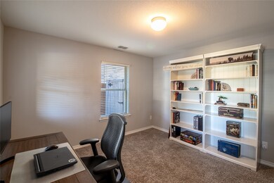 Home office with dark colored carpet and baseboards