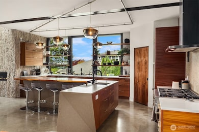 Rich walnut cabinets and custom quartz island with bar top seating. Corner walk-in pantry storage