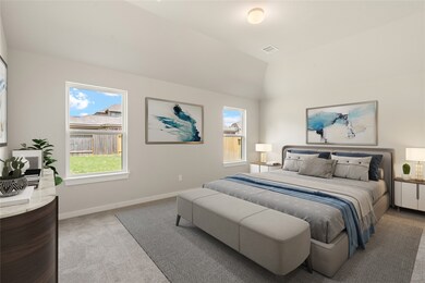 Come and unwind after a long day in this magnificent primary suite! This spacious room features plush carpet, warm paint, high ceilings, and large windows.