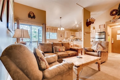 Living area with a chandelier, high vaulted ceilin
