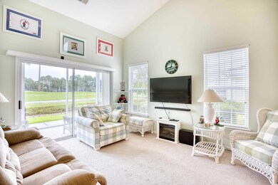 Carpeted living room with high vaulted ceiling