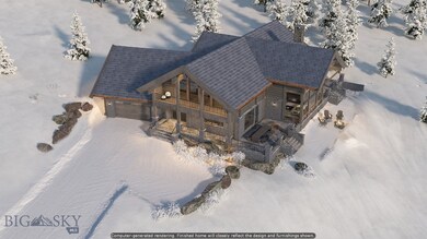 Aerial image of home exterior with Norwegian stone accents, two patios, covered porch, and 2nd floor covered balcony