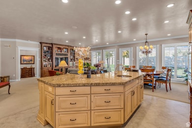 9' ceilings, custom cabinetry, sink in island, stone fireplace, and radiant heating in floor