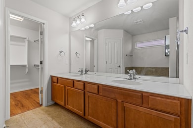 Bathroom featuring double vanity, a walk in closet, and light tile patterned floors