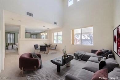 Virtually staged living room with new carpet showc