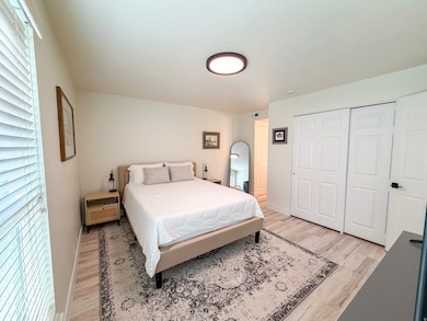 Bedroom with light wood-style floors, multiple windows, and a closet