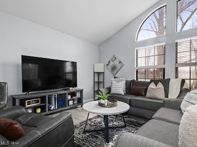 Living area with wood finished floors and high vaulted ceiling