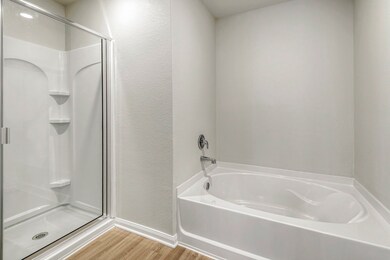 The luxurious primary bathroom has a soaking tub,