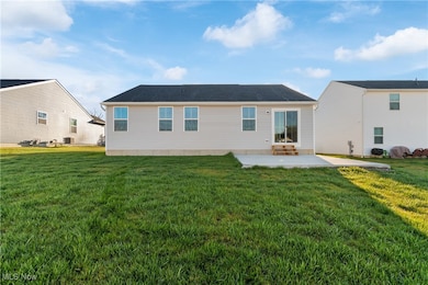 Rear view of house featuring a patio area, a lawn, and entry steps