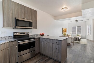 Kitchen with a peninsula, appliances with stainless steel finishes, dark wood-type flooring, open floor plan, and a textured ceiling. Staged