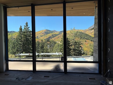 Doorway featuring a mountain view and a wooded view