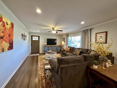 Living room featuring ceiling fan, ornamental mold