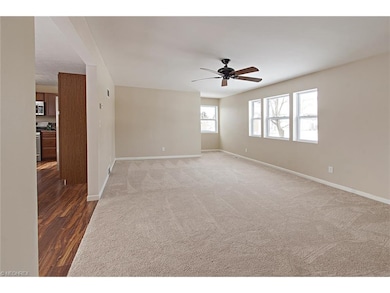 Large living room with new carpet. Room measures 2